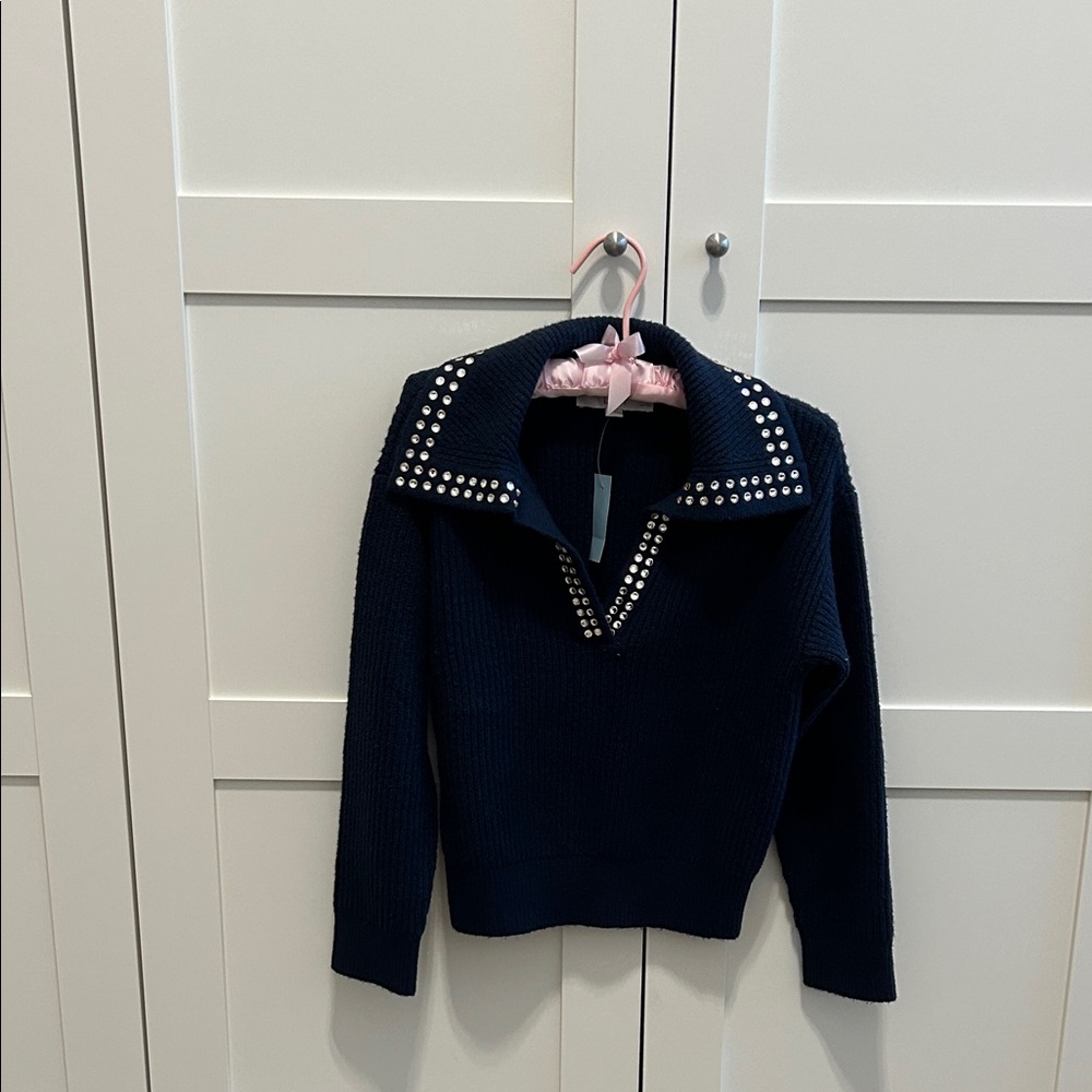 LOFT Navy Studded Collared Knit Sweater